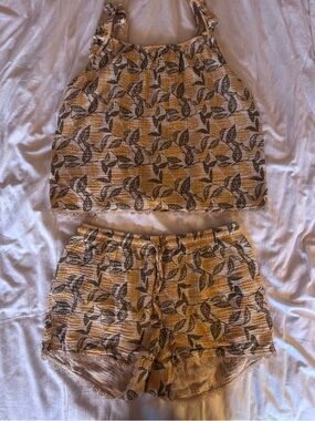 J.O.Y. 100% Organic Cotton Gauze Pajama Set Medium - Lemon Leaf Print Boho Trim